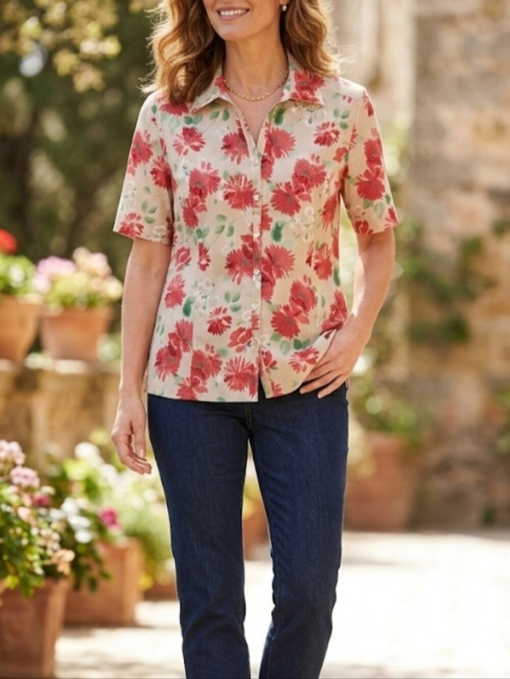 JM Collection Linen Women"s Floral Blouse Short Sleeve Size 14